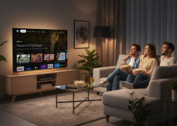Amigos viendo televisión en un dispositivo Caixun